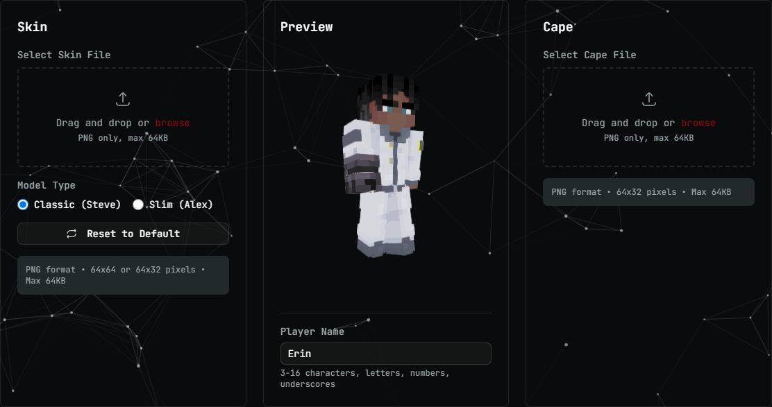Editor real de jugador: skin, vista previa 3D y capa